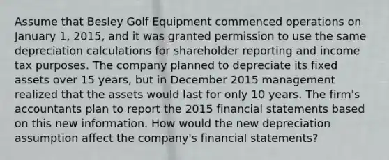 Assume that Besley Golf Equipment commenced operations on January 1, 2015, and it was granted permission to use the same depreciation calculations for shareholder reporting and income tax purposes. The company planned to depreciate its fixed assets over 15 years, but in December 2015 management realized that the assets would last for only 10 years. The firm's accountants plan to report the 2015 financial statements based on this new information. How would the new depreciation assumption affect the company's financial statements?