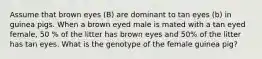 Assume that brown eyes (B) are dominant to tan eyes (b) in guinea pigs. When a brown eyed male is mated with a tan eyed female, 50 % of the litter has brown eyes and 50% of the litter has tan eyes. What is the genotype of the female guinea pig?