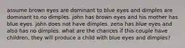 assume brown eyes are dominant to blue eyes and dimples are dominant to no dimples. john has brown eyes and his mother has blue eyes. john does not have dimples. zena has blue eyes and also has no dimples. what are the chances if this couple have children, they will produce a child with blue eyes and dimples?