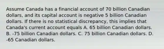 Assume Canada has a financial account of 70 billion Canadian​ dollars, and its capital account is negative 5 billion Canadian dollars. If there is no statistical​ discrepancy, this implies that​ Canada's current account equals A. 65 billion Canadian dollars. B. -75 billion Canadian dollars. C. 75 billion Canadian dollars. D. -65 Canadian dollars.