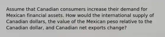 Assume that Canadian consumers increase their demand for Mexican financial assets. How would the international supply of Canadian dollars, the value of the Mexican peso relative to the Canadian dollar, and Canadian net exports change?