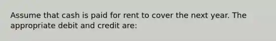 Assume that cash is paid for rent to cover the next year. The appropriate debit and credit are: