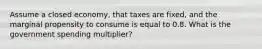 Assume a closed economy, that taxes are fixed, and the marginal propensity to consume is equal to 0.8. What is the government spending multiplier?