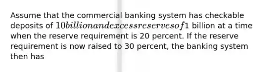 Assume that the commercial banking system has checkable deposits of 10 billion and excess reserves of1 billion at a time when the reserve requirement is 20 percent. If the reserve requirement is now raised to 30 percent, the banking system then has