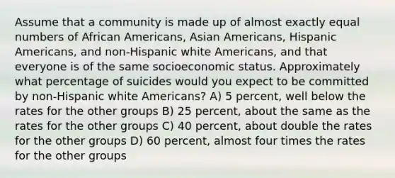 Assume that a community is made up of almost exactly equal numbers of African Americans, Asian Americans, Hispanic Americans, and non-Hispanic white Americans, and that everyone is of the same socioeconomic status. Approximately what percentage of suicides would you expect to be committed by non-Hispanic white Americans? A) 5 percent, well below the rates for the other groups B) 25 percent, about the same as the rates for the other groups C) 40 percent, about double the rates for the other groups D) 60 percent, almost four times the rates for the other groups