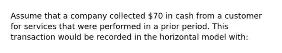 Assume that a company collected 70 in cash from a customer for services that were performed in a prior period. This transaction would be recorded in the horizontal model with: