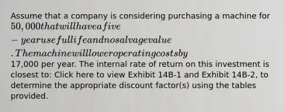 Assume that a company is considering purchasing a machine for 50,000 that will have a five-year useful life and no salvage value. The machine will lower operating costs by17,000 per year. The internal rate of return on this investment is closest to: Click here to view Exhibit 14B-1 and Exhibit 14B-2, to determine the appropriate discount factor(s) using the tables provided.