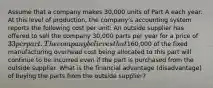 Assume that a company makes 30,000 units of Part A each year. At this level of production, the company's accounting system reports the following cost per unit: An outside supplier has offered to sell the company 30,000 parts per year for a price of 33 per part. The company believes that160,000 of the fixed manufacturing overhead cost being allocated to this part will continue to be incurred even if the part is purchased from the outside supplier. What is the financial advantage (disadvantage) of buying the parts from the outside supplier?