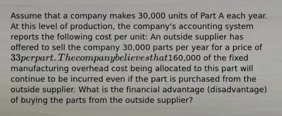 Assume that a company makes 30,000 units of Part A each year. At this level of production, the company's accounting system reports the following cost per unit: An outside supplier has offered to sell the company 30,000 parts per year for a price of 33 per part. The company believes that160,000 of the fixed manufacturing overhead cost being allocated to this part will continue to be incurred even if the part is purchased from the outside supplier. What is the financial advantage (disadvantage) of buying the parts from the outside supplier?