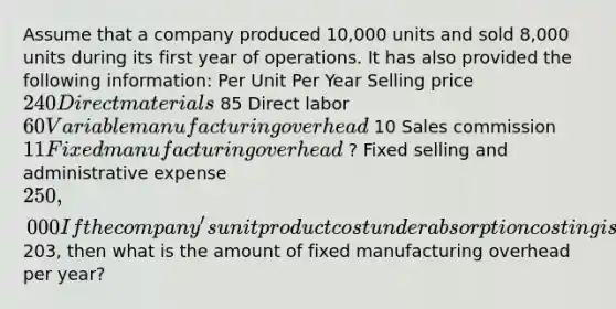 Assume that a company produced 10,000 units and sold 8,000 units during its first year of operations. It has also provided the following information: Per Unit Per Year Selling price 240 Direct materials 85 Direct labor 60 Variable manufacturing overhead 10 Sales commission 11 Fixed manufacturing overhead ? Fixed selling and administrative expense 250,000 If the company's unit product cost under absorption costing is203, then what is the amount of fixed manufacturing overhead per year?