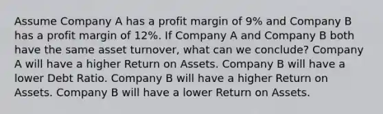 Assume Company A has a profit margin of 9% and Company B has a profit margin of 12%. If Company A and Company B both have the same asset turnover, what can we conclude? Company A will have a higher Return on Assets. Company B will have a lower Debt Ratio. Company B will have a higher Return on Assets. Company B will have a lower Return on Assets.