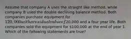 Assume that company A uses the straight like method, while company B used the double declining balance method. Both companies purchase equipment for 120,000 with a residual value of20,000 and a four year life. Both companies sold the equipment for 100,000 at the end of year 1. Which of the following statements are true?