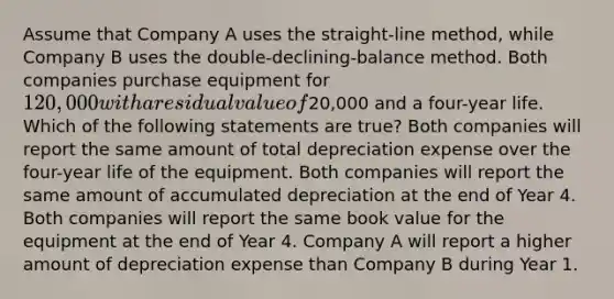 Assume that Company A uses the straight-line method, while Company B uses the double-declining-balance method. Both companies purchase equipment for 120,000 with a residual value of20,000 and a four-year life. Which of the following statements are true? Both companies will report the same amount of total depreciation expense over the four-year life of the equipment. Both companies will report the same amount of accumulated depreciation at the end of Year 4. Both companies will report the same book value for the equipment at the end of Year 4. Company A will report a higher amount of depreciation expense than Company B during Year 1.