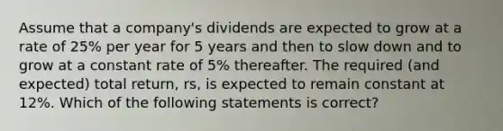 Assume that a company's dividends are expected to grow at a rate of 25% per year for 5 years and then to slow down and to grow at a constant rate of 5% thereafter. The required (and expected) total return, rs, is expected to remain constant at 12%. Which of the following statements is correct?