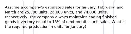 Assume a company's estimated sales for January, February, and March are 25,000 units, 26,000 units, and 24,000 units, respectively. The company always maintains ending finished goods inventory equal to 15% of next month's unit sales. What is the required production in units for January?