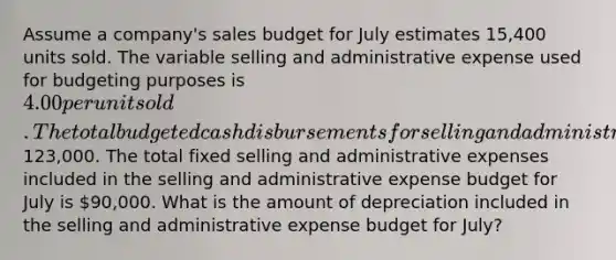 Assume a company's sales budget for July estimates 15,400 units sold. The variable selling and administrative expense used for budgeting purposes is 4.00 per unit sold. The total budgeted cash disbursements for selling and administrative expenses in July is123,000. The total fixed selling and administrative expenses included in the selling and administrative expense budget for July is 90,000. What is the amount of depreciation included in the selling and administrative expense budget for July?