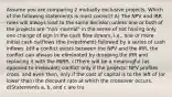 Assume you are comparing 2 mutually exclusive projects. Which of the following statements is most correct? A) The NPV and IRR rules will always lead to the same decision unless one or both of the projects are "non -normal" in the sense of not having only one change of sign in the cash flow stream, i.e., one or more initial cash outflows (the investment) followed by a series of cash inflows. b)If a conflict exists between the NPV and the IRR, the conflict can always be eliminated by dropping the IRR and replacing it with the MIRR. c)There will be a meaningful (as opposed to irrelevant) conflict only if the projects' NPV profiles cross, and even then, only if the cost of capital is to the left of (or lower than) the discount rate at which the crossover occurs. d)Statements a, b, and c are tru