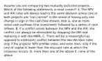 Assume you are comparing two mutually exclusive projects. Which of the following statements is most correct? A. The NPV and IRR rules will always lead to the same decision unless one or both projects are "non-normal" in the sense of having only one change in sign in the cash flow stream, that is, one or more initial cash outflows (the investment) followed by a series of cash inflows. B. If a conflict exists between the NPV and the IRR, the conflict can always be eliminated by dropping the IRR and replacing it with the MIRR. C. There will be a meaningful (as opposed to irrelevant) conflict between the two decision rules only if the projects' NPV profiles cross, and even then, only if the cost of capital is lower than the discount rate at which the crossover occurs. D. more than one of the above E. none of the above