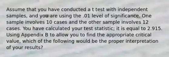 Assume that you have conducted a t test with independent samples, and you are using the .01 level of significance. One sample involves 10 cases and the other sample involves 12 cases. You have calculated your test statistic; it is equal to 2.915. Using Appendix B to allow you to find the appropriate critical value, which of the following would be the proper interpretation of your results?