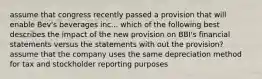 assume that congress recently passed a provision that will enable Bev's beverages inc... which of the following best describes the impact of the new provision on BBI's financial statements versus the statements with out the provision? assume that the company uses the same depreciation method for tax and stockholder reporting purposes