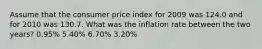 Assume that the consumer price index for 2009 was 124.0 and for 2010 was 130.7. What was the inflation rate between the two years? 0.95% 5.40% 6.70% 3.20%