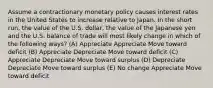 Assume a contractionary monetary policy causes interest rates in the United States to increase relative to Japan. In the short run, the value of the U.S. dollar, the value of the Japanese yen and the U.S. balance of trade will most likely change in which of the following ways? (A) Appreciate Appreciate Move toward deficit (B) Appreciate Depreciate Move toward deficit (C) Appreciate Depreciate Move toward surplus (D) Depreciate Depreciate Move toward surplus (E) No change Appreciate Move toward deficit