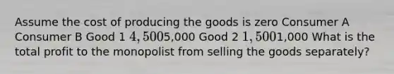 Assume the cost of producing the goods is zero Consumer A Consumer B Good 1 4,5005,000 Good 2 1,5001,000 What is the total profit to the monopolist from selling the goods separately?