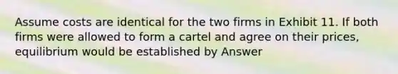 Assume costs are identical for the two firms in Exhibit 11. If both firms were allowed to form a cartel and agree on their prices, equilibrium would be established by Answer