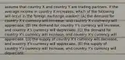 assume that country X and country Y are trading partners. if the average income in country X increases, which of the following will occur in the foreign exchange market? (A) the demand for country X's currency will increase, and country X's currency will appreciate. (B) the demand for country Y's currency will increase, and country X's currency will depreciate. (C) the demand for country Y's currency will increase, and country X's currency will appreciate. (D) the supply of country X's currency will decrease, and country X's currency will appreciate. (E) the supply of country Y's currency will increase, and country Y's currency will depreciate.