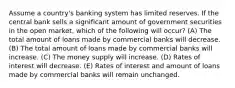 Assume a country's banking system has limited reserves. If the central bank sells a significant amount of government securities in the open market, which of the following will occur? (A) The total amount of loans made by commercial banks will decrease. (B) The total amount of loans made by commercial banks will increase. (C) The money supply will increase. (D) Rates of interest will decrease. (E) Rates of interest and amount of loans made by commercial banks will remain unchanged.