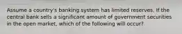 Assume a country's banking system has limited reserves. If the central bank sells a significant amount of government securities in the open market, which of the following will occur?