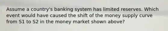 Assume a country's banking system has limited reserves. Which event would have caused the shift of the money supply curve from S1 to S2 in the money market shown above?