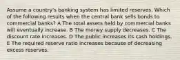 Assume a country's banking system has limited reserves. Which of the following results when the central bank sells bonds to commercial banks? A The total assets held by commercial banks will eventually increase. B The money supply decreases. C The discount rate increases. D The public increases its cash holdings. E The required reserve ratio increases because of decreasing excess reserves.