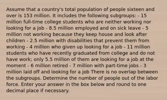 Assume that a country's total population of people sixteen and over is 153 million. It includes the following subgroups: - 15 million full-time college students who are neither working nor looking for a job - 8.5 million employed and on sick leave - 5 million not working because they keep house and look after children - 2.5 million with disabilities that prevent them from working - 4 million who given up looking for a job - 11 million students who have recently graduated from college and do not have work; only 5.5 million of them are looking for a job at the moment - 6 million retired - 7 million with part-time jobs - 3 million laid off and looking for a job There is no overlap between the subgroups. Determine the number of people out of the labor force. Enter your answer in the box below and round to one decimal place if necessary.