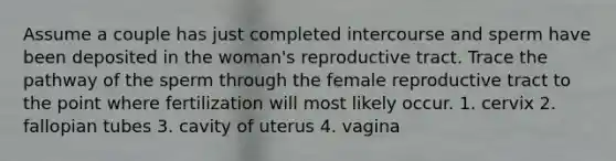 Assume a couple has just completed intercourse and sperm have been deposited in the woman's reproductive tract. Trace the pathway of the sperm through the female reproductive tract to the point where fertilization will most likely occur. 1. cervix 2. fallopian tubes 3. cavity of uterus 4. vagina