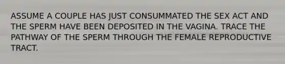 ASSUME A COUPLE HAS JUST CONSUMMATED THE SEX ACT AND THE SPERM HAVE BEEN DEPOSITED IN THE VAGINA. TRACE THE PATHWAY OF THE SPERM THROUGH THE FEMALE REPRODUCTIVE TRACT.
