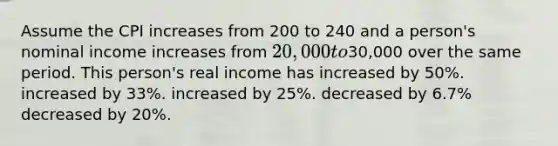 Assume the CPI increases from 200 to 240 and a person's nominal income increases from 20,000 to30,000 over the same period. This person's real income has increased by 50%. increased by 33%. increased by 25%. decreased by 6.7% decreased by 20%.