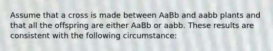 Assume that a cross is made between AaBb and aabb plants and that all the offspring are either AaBb or aabb. These results are consistent with the following circumstance: