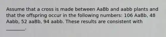 Assume that a cross is made between AaBb and aabb plants and that the offspring occur in the following numbers: 106 AaBb, 48 Aabb, 52 aaBb, 94 aabb. These results are consistent with ________.