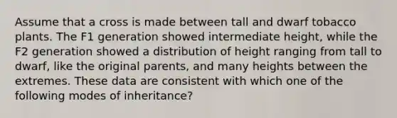 Assume that a cross is made between tall and dwarf tobacco plants. The F1 generation showed intermediate height, while the F2 generation showed a distribution of height ranging from tall to dwarf, like the original parents, and many heights between the extremes. These data are consistent with which one of the following modes of inheritance?