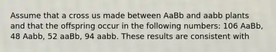 Assume that a cross us made between AaBb and aabb plants and that the offspring occur in the following numbers: 106 AaBb, 48 Aabb, 52 aaBb, 94 aabb. These results are consistent with