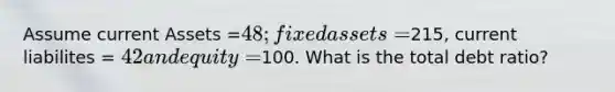 Assume current Assets =48; fixed assets =215, current liabilites = 42 and equity =100. What is the total debt ratio?