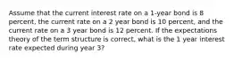 Assume that the current interest rate on a 1-year bond is 8 percent, the current rate on a 2 year bond is 10 percent, and the current rate on a 3 year bond is 12 percent. If the expectations theory of the term structure is correct, what is the 1 year interest rate expected during year 3?