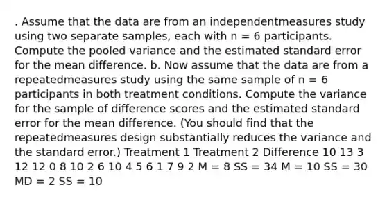 . Assume that the data are from an independentmeasures study using two separate samples, each with n = 6 participants. Compute the pooled variance and the estimated standard error for the mean difference. b. Now assume that the data are from a repeatedmeasures study using the same sample of n = 6 participants in both treatment conditions. Compute the variance for the sample of difference scores and the estimated standard error for the mean difference. (You should find that the repeatedmeasures design substantially reduces the variance and the standard error.) Treatment 1 Treatment 2 Difference 10 13 3 12 12 0 8 10 2 6 10 4 5 6 1 7 9 2 M = 8 SS = 34 M = 10 SS = 30 MD = 2 SS = 10