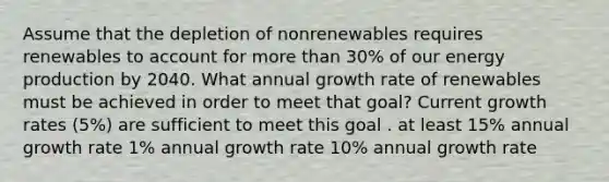 Assume that the depletion of nonrenewables requires renewables to account for more than 30% of our energy production by 2040. What annual growth rate of renewables must be achieved in order to meet that goal? Current growth rates (5%) are sufficient to meet this goal . at least 15% annual growth rate 1% annual growth rate 10% annual growth rate