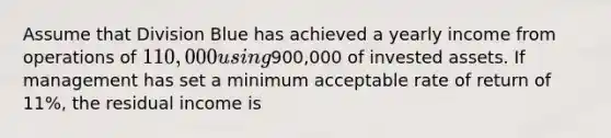 Assume that Division Blue has achieved a yearly income from operations of 110,000 using900,000 of invested assets. If management has set a minimum acceptable rate of return of 11%, the residual income is