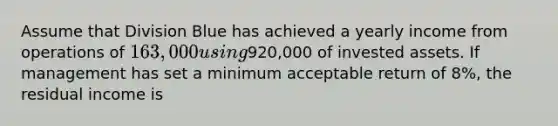 Assume that Division Blue has achieved a yearly income from operations of 163,000 using920,000 of invested assets. If management has set a minimum acceptable return of 8%, the residual income is