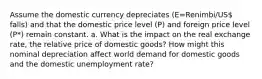 Assume the domestic currency depreciates (E=Renimbi/US falls) and that the domestic price level (P) and foreign price level (P*) remain constant. a. What is the impact on the real exchange rate, the relative price of domestic goods? How might this nominal depreciation affect world demand for domestic goods and the domestic unemployment rate?