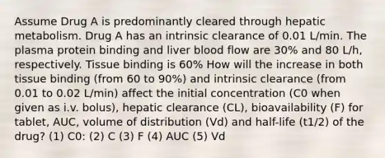 Assume Drug A is predominantly cleared through hepatic metabolism. Drug A has an intrinsic clearance of 0.01 L/min. The plasma protein binding and liver blood flow are 30% and 80 L/h, respectively. Tissue binding is 60% How will the increase in both tissue binding (from 60 to 90%) and intrinsic clearance (from 0.01 to 0.02 L/min) affect the initial concentration (C0 when given as i.v. bolus), hepatic clearance (CL), bioavailability (F) for tablet, AUC, volume of distribution (Vd) and half-life (t1/2) of the drug? (1) C0: (2) C (3) F (4) AUC (5) Vd