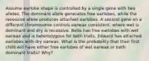 Assume earlobe shape is controlled by a single gene with two alleles. The dominant allele generates free earlobes, while the recessive allele produces attached earlobes. A second gene on a different chromosome controls earwax consistent, where wet is dominant and dry is recessive. Bella has free earlobes with wet earwax and is heterozygous for both traits. Edward has attached earlobes with dry earwax. What is the probability that their first child will have either free earlobes of wet earwax or both dominant traits? Why?